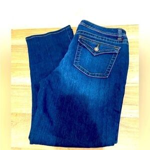 APT. 9 Boot Cut Cropped Jeans Dark Distressed Denim Flap Back Pockets Size 14
